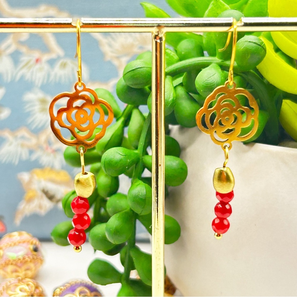 NWOT Genuine ruby 18k gold plated stainless steel rose earrings 1.5” long